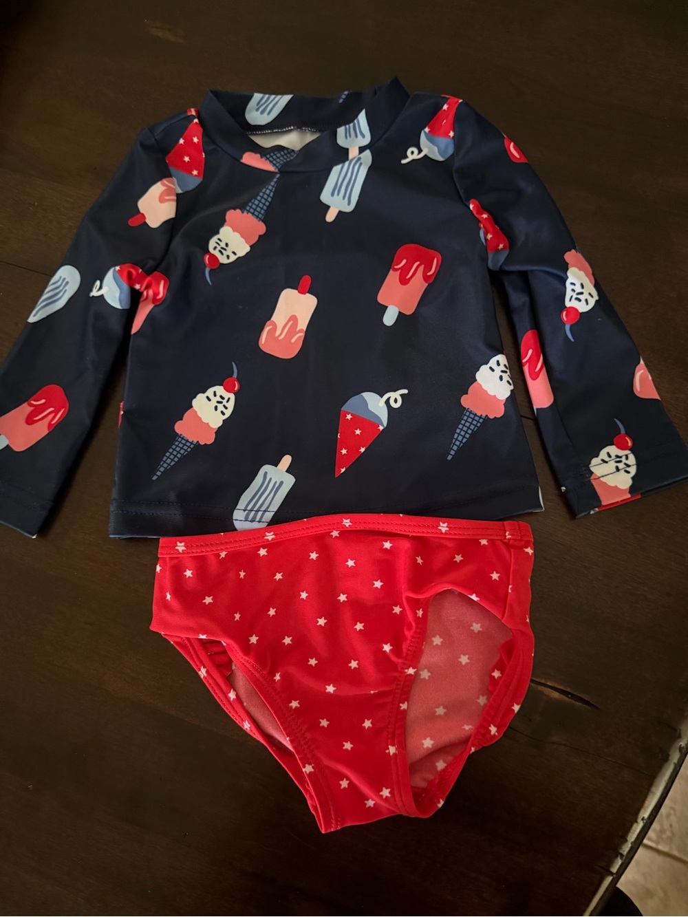 Baby Navy Ice Cream Long Sleeve Rash Guard Swim Set with Red Star Bikini Bottoms